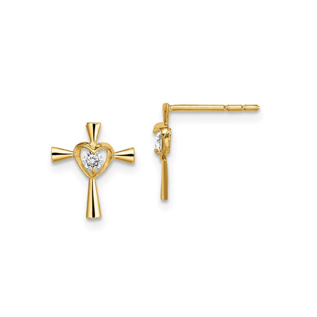 14k Yellow Gold Cross Pendant with Cubic Zirconia, Heart Detail, and White Gemstone Center