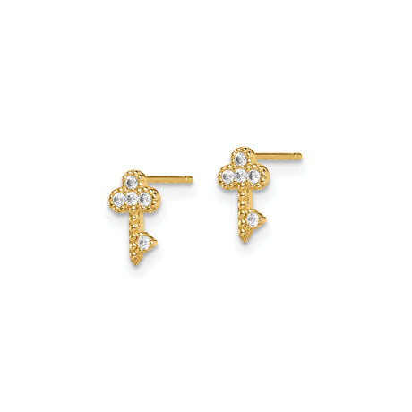 14k Yellow Gold Stud Earrings with Diamond Accents, Key Cross Design, Christian Jewelry