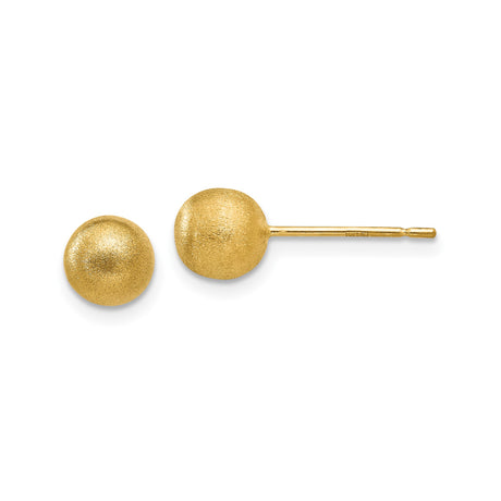 14k Yellow Gold Stud Earrings, Brushed Dome Ball Design, Satin Finish, 6mm Round Studs