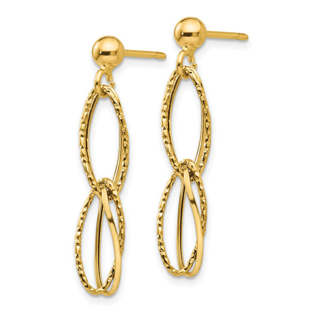 14k Yellow Gold Dangle Earrings with Elongated Textured Oval Links, Layered Drop Design