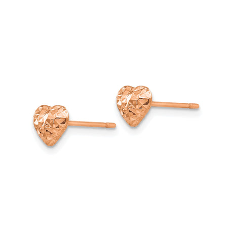 14k Rose Gold Heart Stud Earrings with Diamond Cut Textured Finish, Minimalist Puffed Design