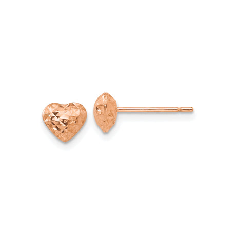 14k Rose Gold Heart Stud Earrings with Diamond Cut Textured Finish, Minimalist Puffed Design