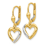 14k Yellow Gold Dangle Earrings with Open Heart Design and Two Tone Rhodium Finish