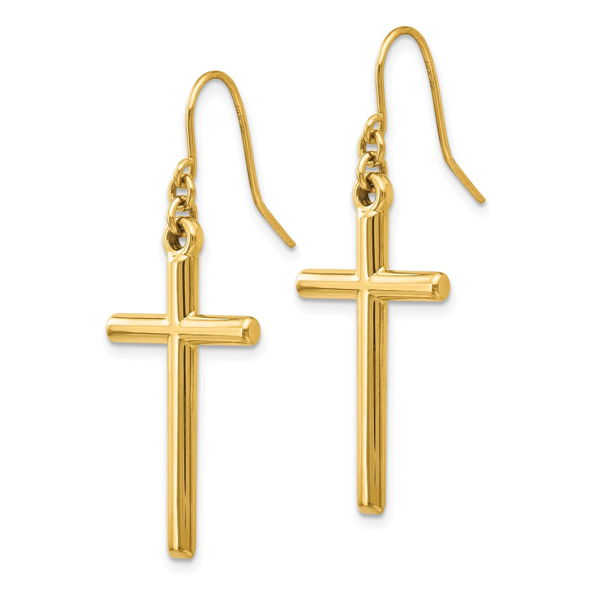 14k Yellow Gold Cross Dangle Earrings with Shepherd Hook, Minimalist Faith Design for Men and Women