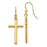 14k Yellow Gold Cross Dangle Earrings with Shepherd Hook, Minimalist Faith Design for Men and Women