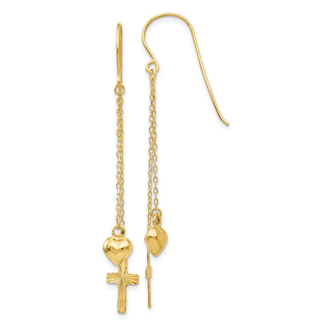 14k Yellow Gold Dangle Earrings with Puffed Heart and Cross Charms for Women