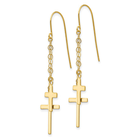 14k Yellow Gold Cross Dangle Earrings with Fine Chain Drop, Minimalist Faith Jewelry