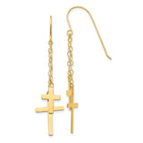 14k Yellow Gold Cross Dangle Earrings with Fine Chain Drop, Minimalist Faith Jewelry