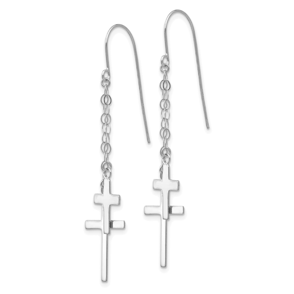 14k White Gold Cross Earrings with Polished Finish and Long Link Chain Design