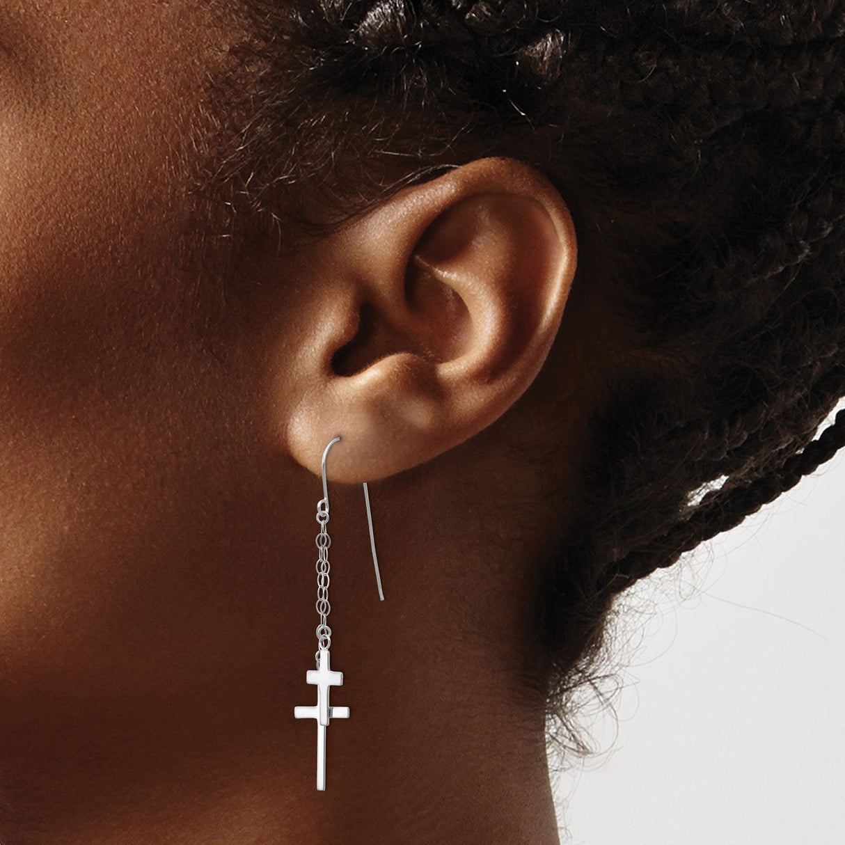 14k White Gold Cross Earrings with Polished Finish and Long Link Chain Design