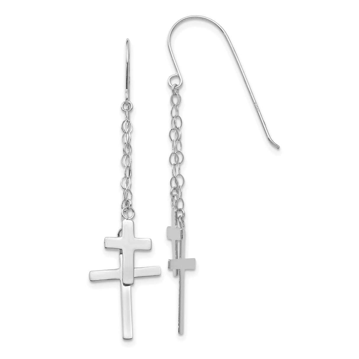 14k White Gold Cross Earrings with Polished Finish and Long Link Chain Design