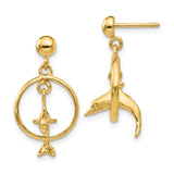 14k Yellow Gold Dolphin Dangle Earrings with Jumping Dolphin Hoop Design