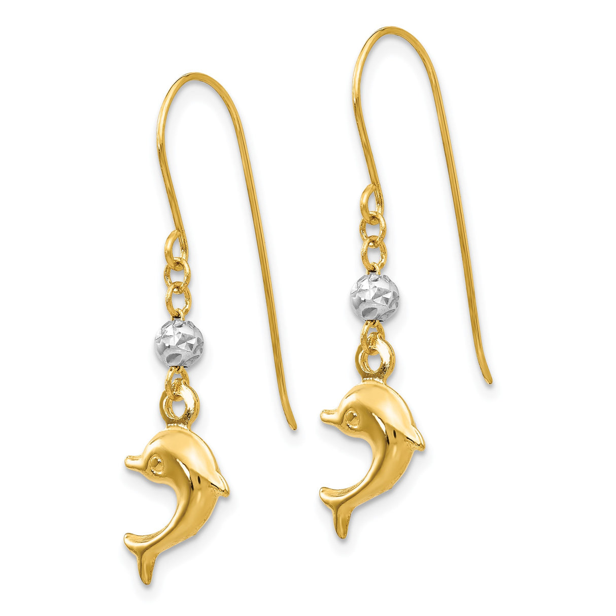 14k Yellow Gold Dolphin Dangle Earrings with White Gold Bead, Ocean Inspired Coastal Style