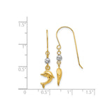 14k Yellow Gold Dolphin Dangle Earrings with White Gold Bead, Ocean Inspired Coastal Style