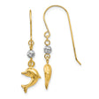 14k Yellow Gold Dolphin Dangle Earrings with White Gold Bead, Ocean Inspired Coastal Style