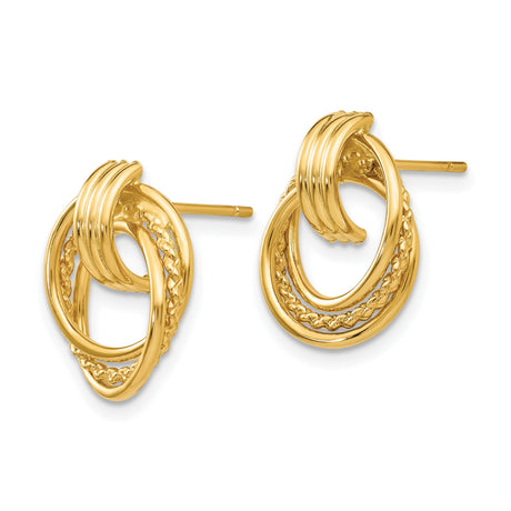 14k Yellow Gold Double Circle Stud Earrings with Polished and Textured Rope Design
