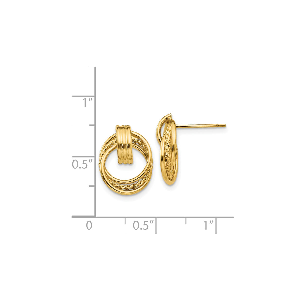 14k Yellow Gold Double Circle Stud Earrings with Polished and Textured Rope Design