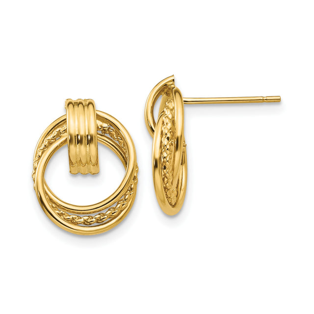 14k Yellow Gold Double Circle Stud Earrings with Polished and Textured Rope Design