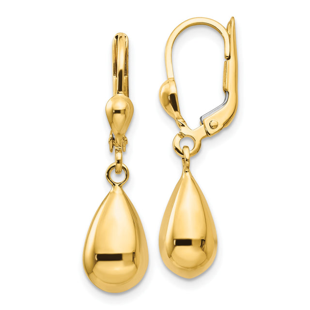 14k Yellow Gold Teardrop Dangle Earrings with Leverback Closure, Polished Minimalist Design for Women