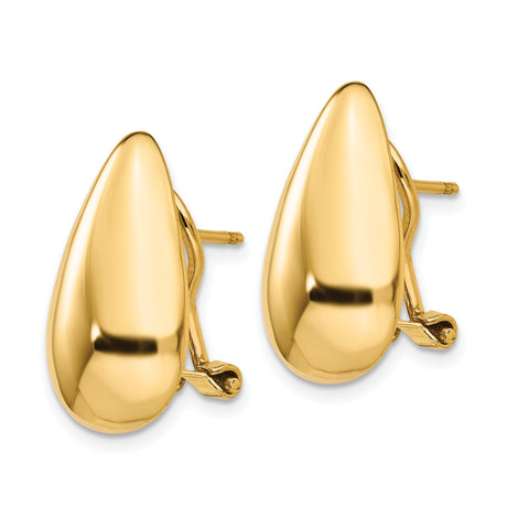 14k Yellow Gold Teardrop Clip-On Earrings, Smooth Curved Design, Lightweight Omega Back