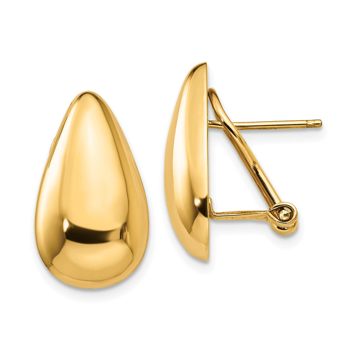 14k Yellow Gold Teardrop Clip-On Earrings, Smooth Curved Design, Lightweight Omega Back