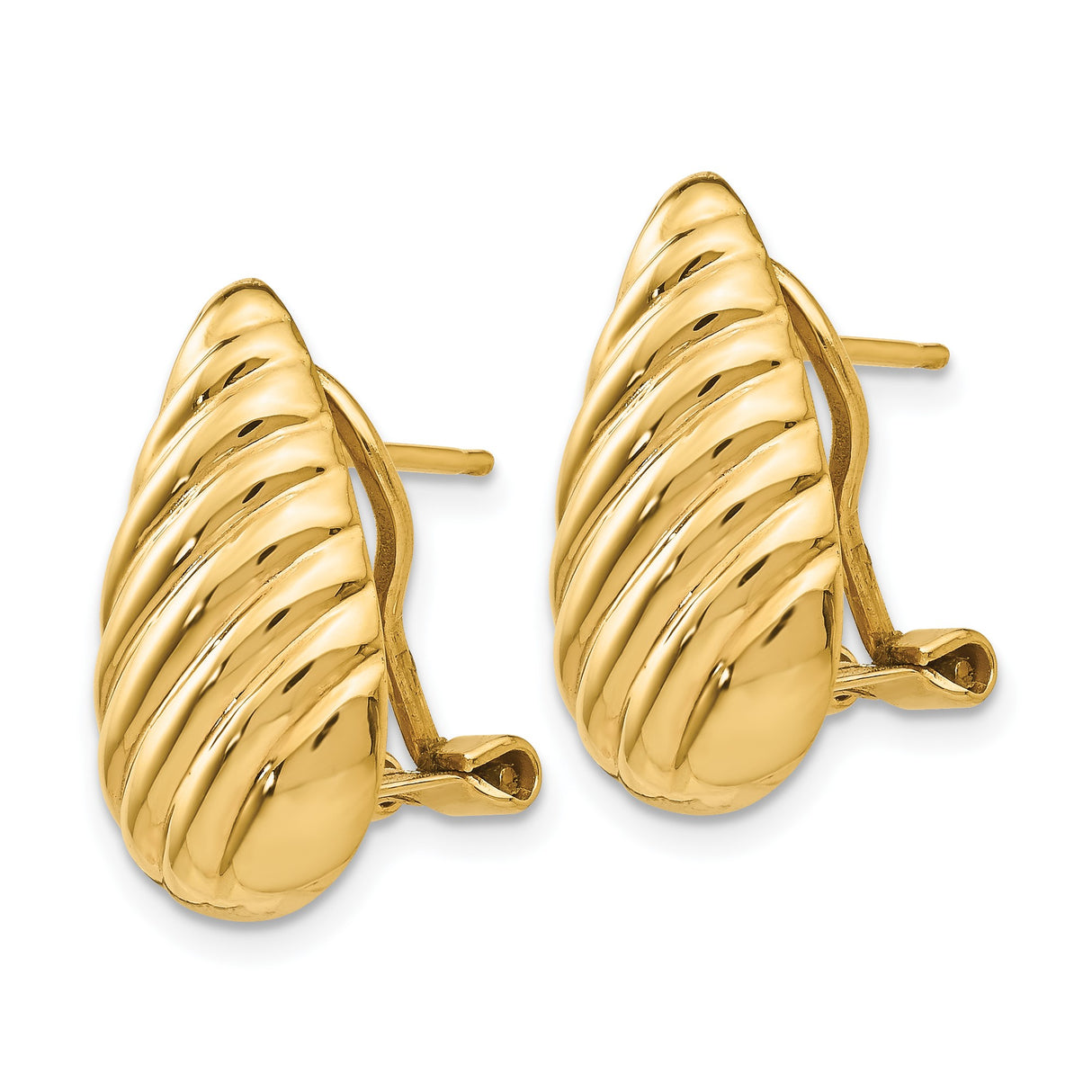 14k Yellow Gold Teardrop Earrings with Polished Diagonal Ribbed Design, Clip Back, Non-Pierced