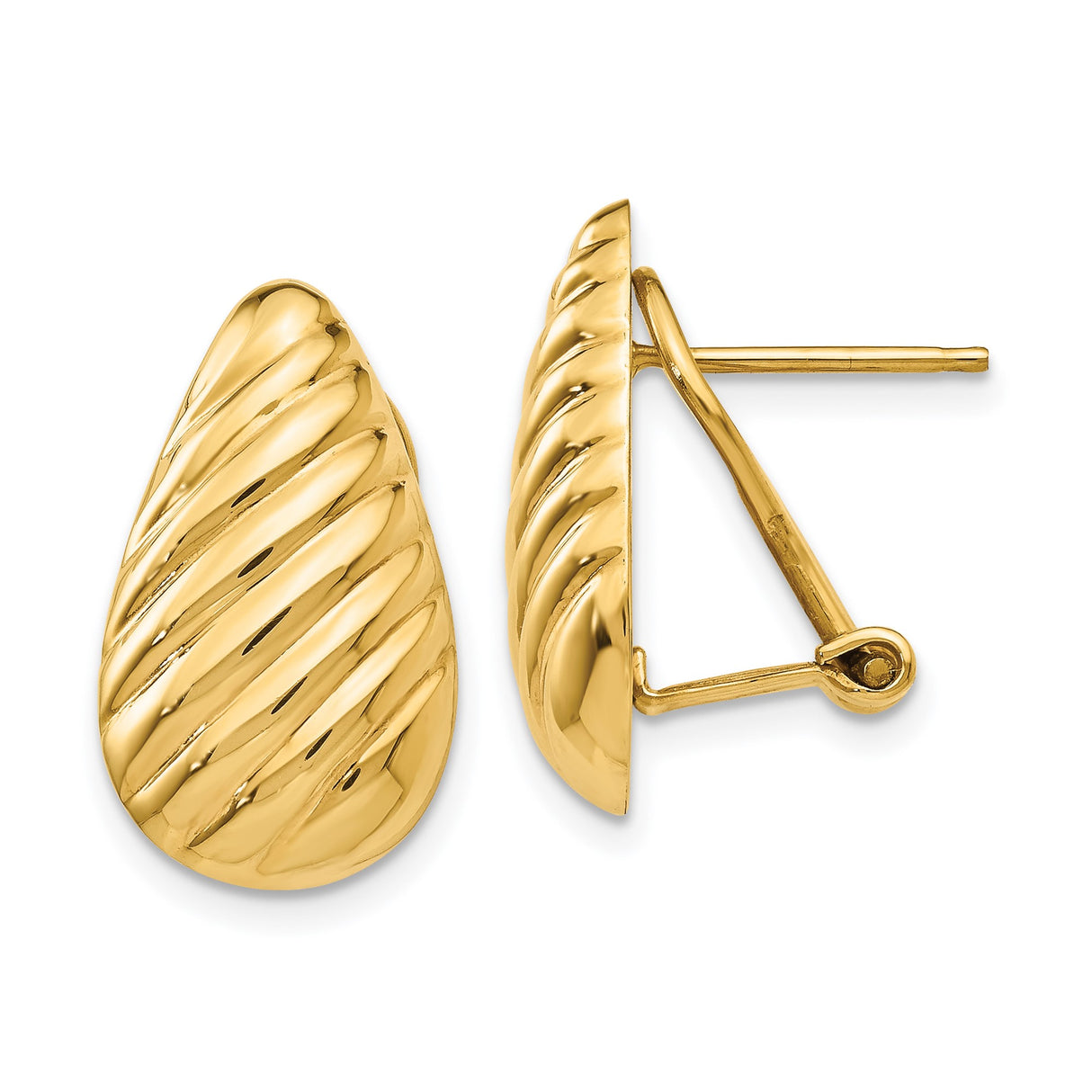 14k Yellow Gold Teardrop Earrings with Polished Diagonal Ribbed Design, Clip Back, Non-Pierced