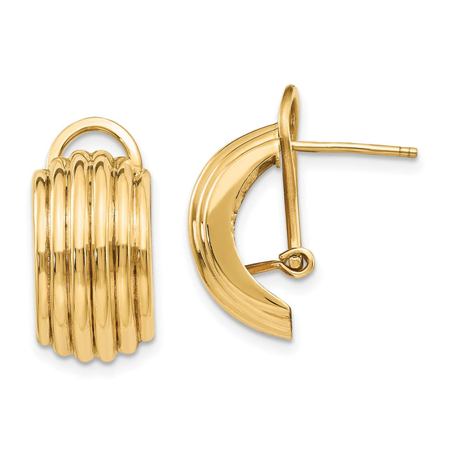 14k Yellow Gold Hoop Earrings, Ribbed Textured Design with Hinged Closure for Women