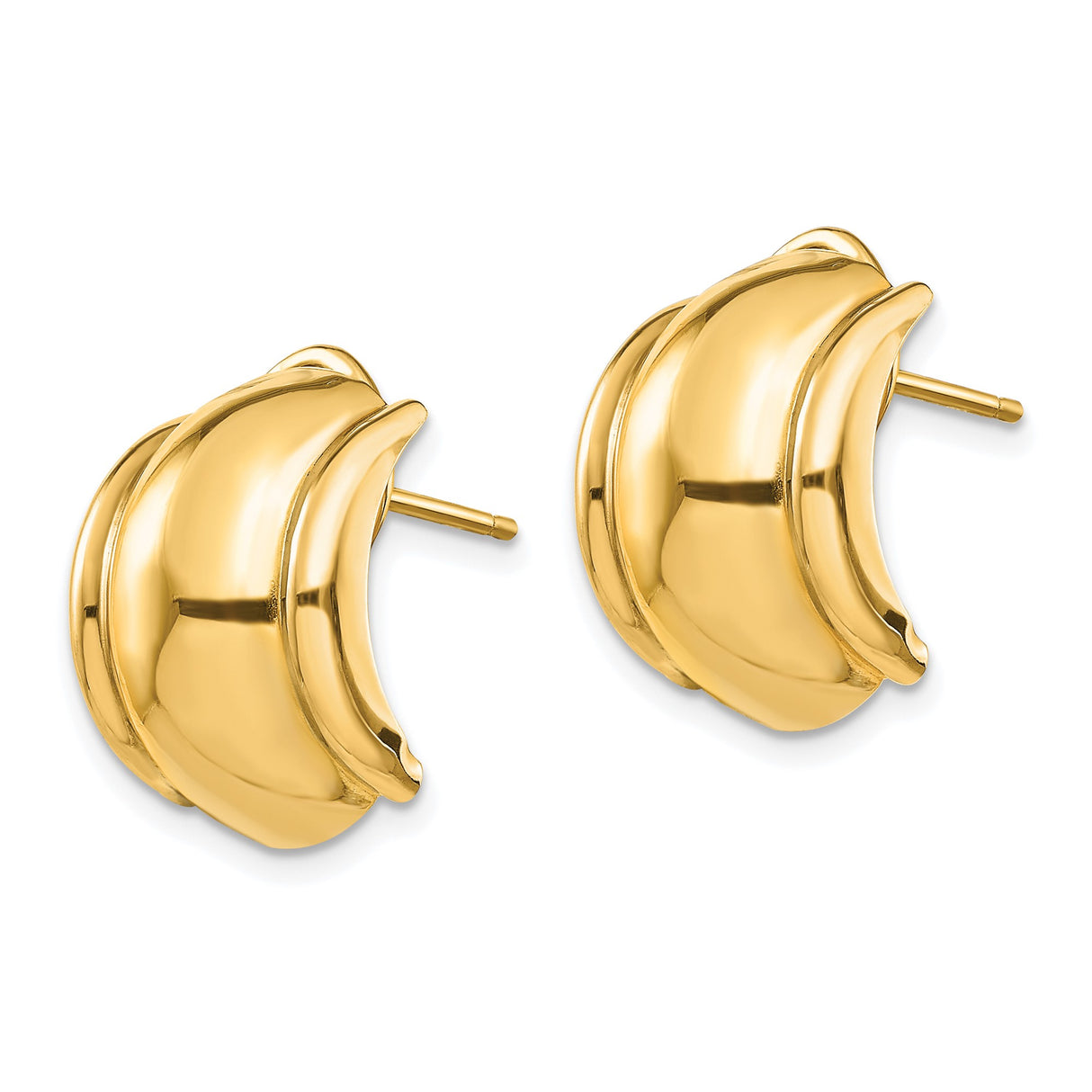 14k Yellow Gold Huggie Hoop Earrings with Polished Ribbed Design, Lightweight Omega Backs