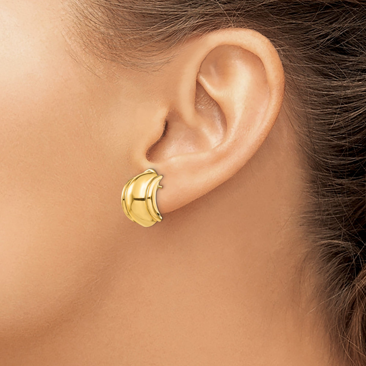 14k Yellow Gold Huggie Hoop Earrings with Polished Ribbed Design, Lightweight Omega Backs