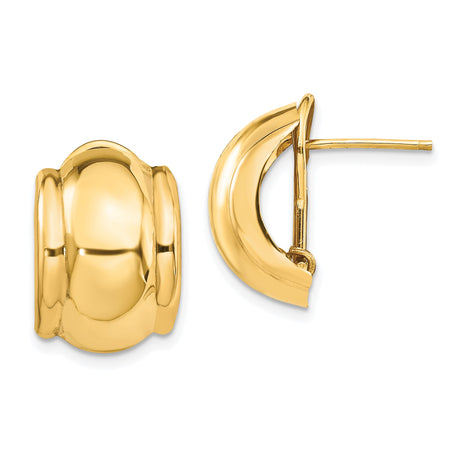 14k Yellow Gold Huggie Hoop Earrings with Polished Ribbed Design, Lightweight Omega Backs