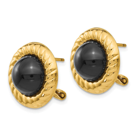 14k Yellow Gold Clip-On Earrings with Black Onyx, Twisted Rope Border, Vintage Round Design