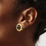 14k Yellow Gold Clip-On Earrings with Black Onyx, Twisted Rope Border, Vintage Round Design