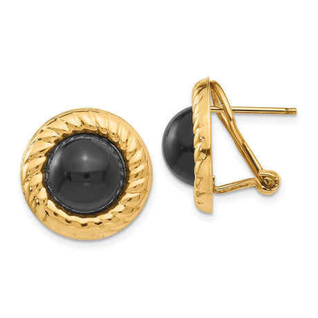14k Yellow Gold Clip-On Earrings with Black Onyx, Twisted Rope Border, Vintage Round Design