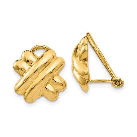 14k Yellow Gold Knot Earrings for Women, Clip-On Woven Design with Puffed Finish, Polished Gold Studs Featuring Symbolic Unity Motif, Non-Pierced Fashion Jewelry for Daily Wear