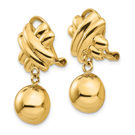 14K Yellow Gold Clip On Earrings Sculpted Knot Sphere Drops