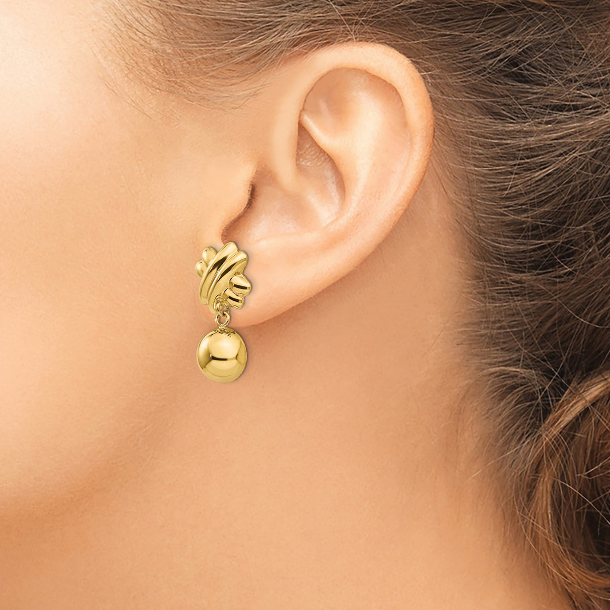 14K Yellow Gold Clip On Earrings Sculpted Knot Sphere Drops