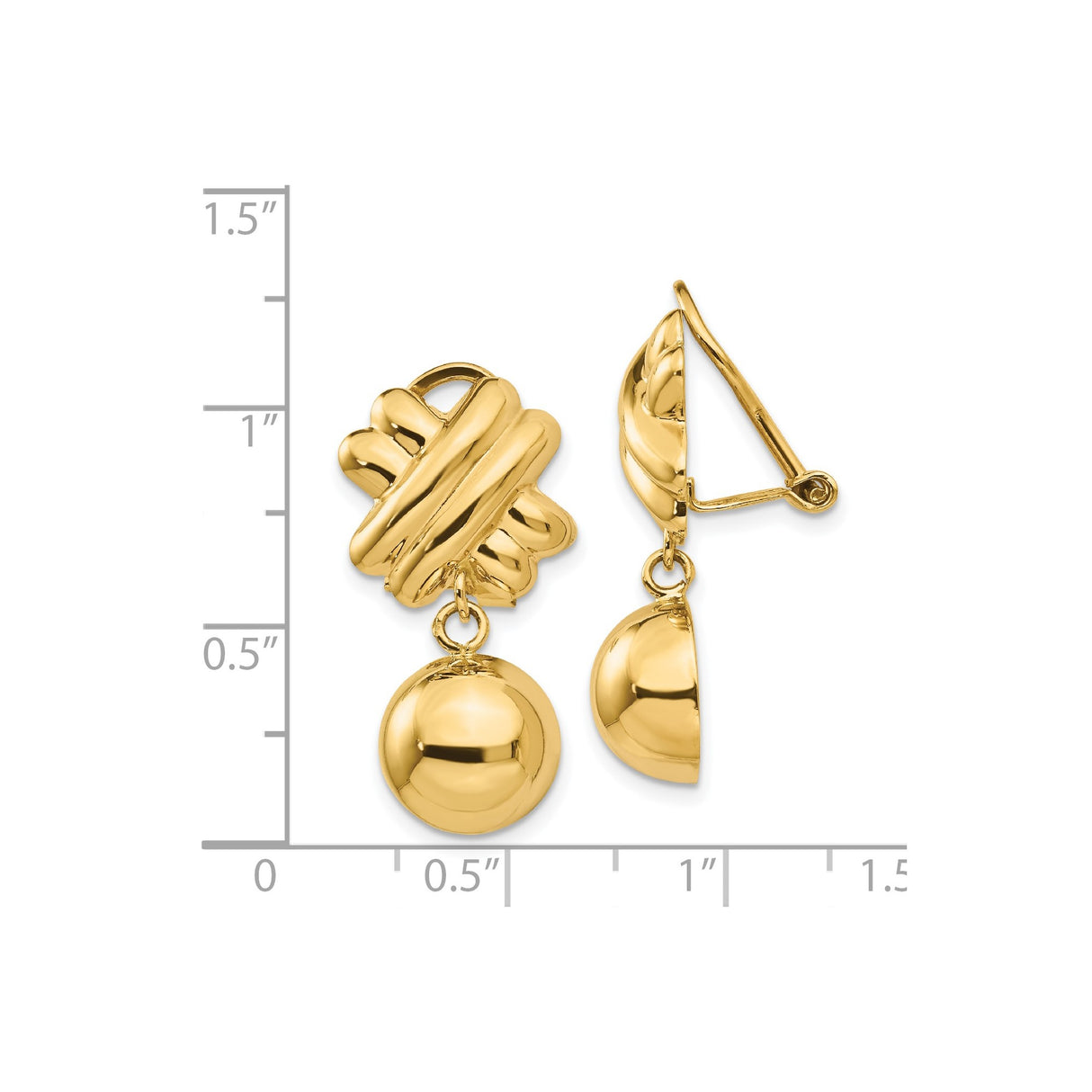 14K Yellow Gold Clip On Earrings Sculpted Knot Sphere Drops
