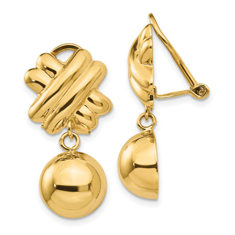 14k Yellow Gold Clip-On Earrings for Women with Sculpted Knot Design and High-Polish Sphere Drops, Bold Dangle Statement Earrings for Formal Evening Wear, Elegant Nonpierced Fashion Jewelry