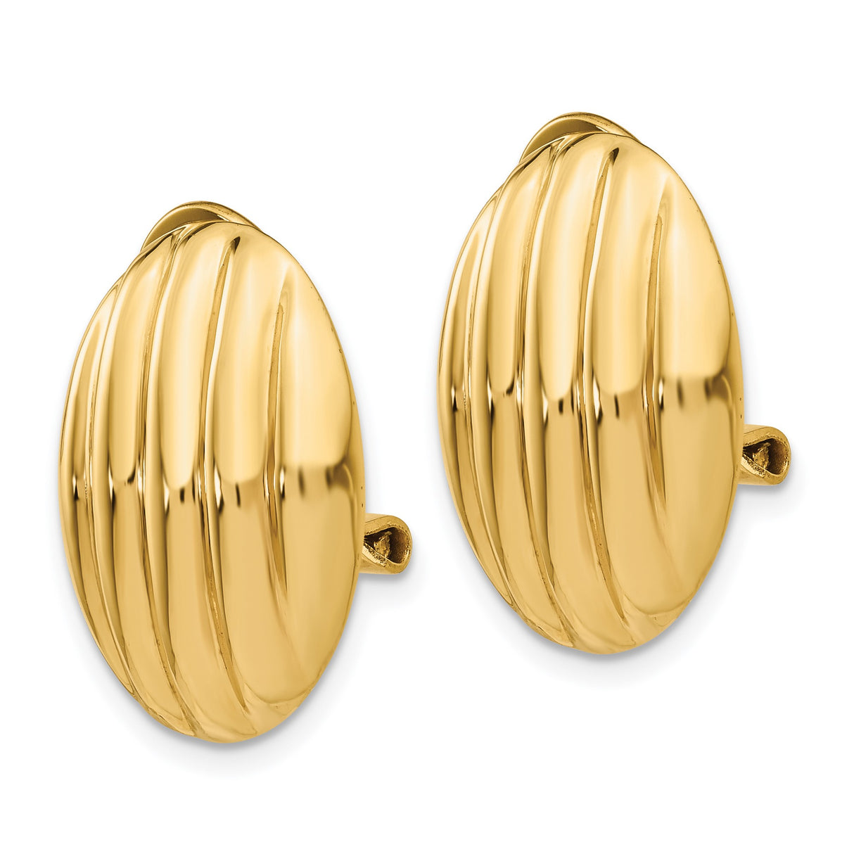 14k Yellow Gold Clip-On Earrings, Polished Ribbed Oval Dome Design, Vintage Inspired