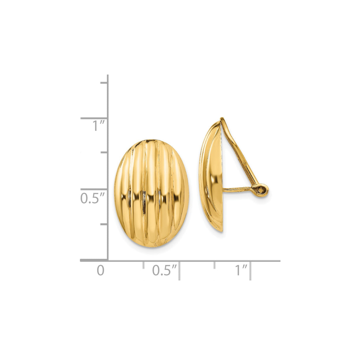 14k Yellow Gold Clip-On Earrings, Polished Ribbed Oval Dome Design, Vintage Inspired