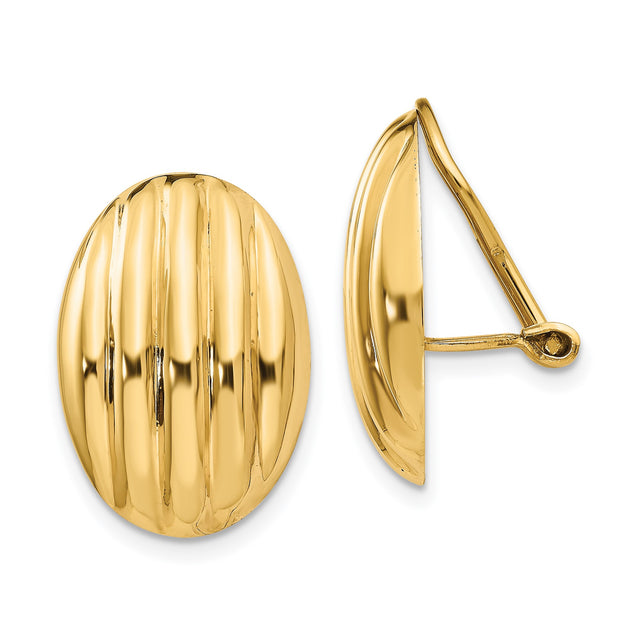 14k Yellow Gold Clip-On Earrings, Polished Ribbed Oval Dome Design, Vintage Inspired