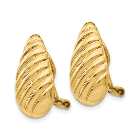 14K Yellow Gold Clip-On Teardrop Earrings Ribbed Finish