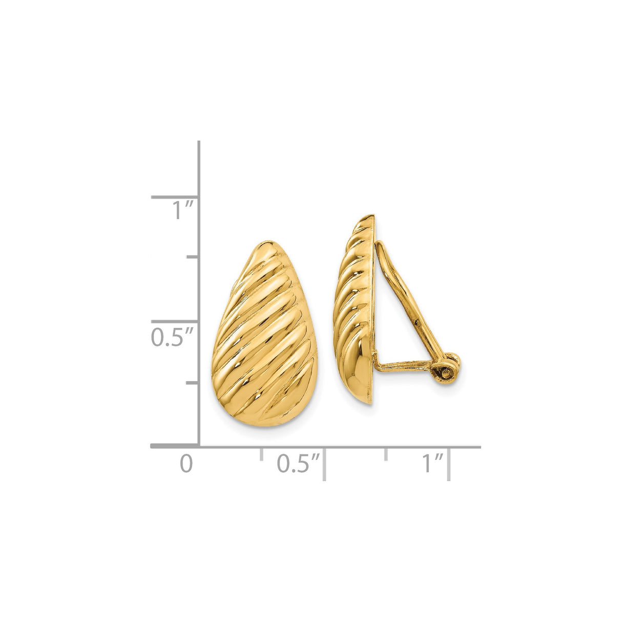 14K Yellow Gold Clip-On Teardrop Earrings Ribbed Finish