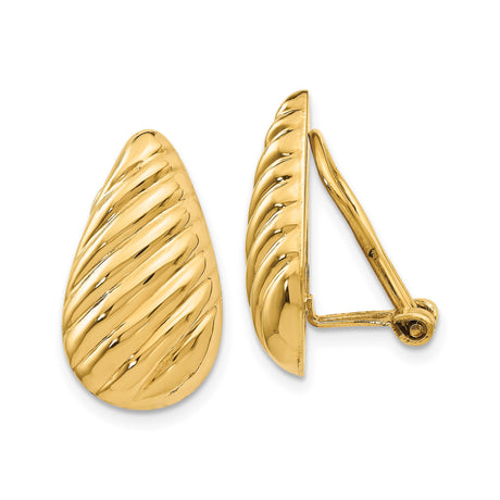 14k Yellow Gold Clip-On Teardrop Earrings for Women with Ribbed Diagonal Design, High-Polish Finish, Timeless Drop Style, Non-Pierced Fashion Jewelry for Everyday or Formal Wear