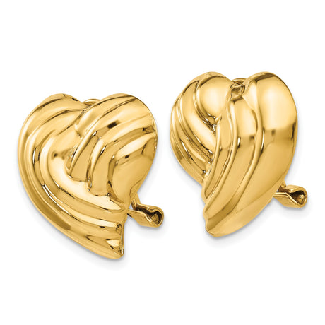 14K Yellow Gold Clip On Heart Earrings Romantic Textured