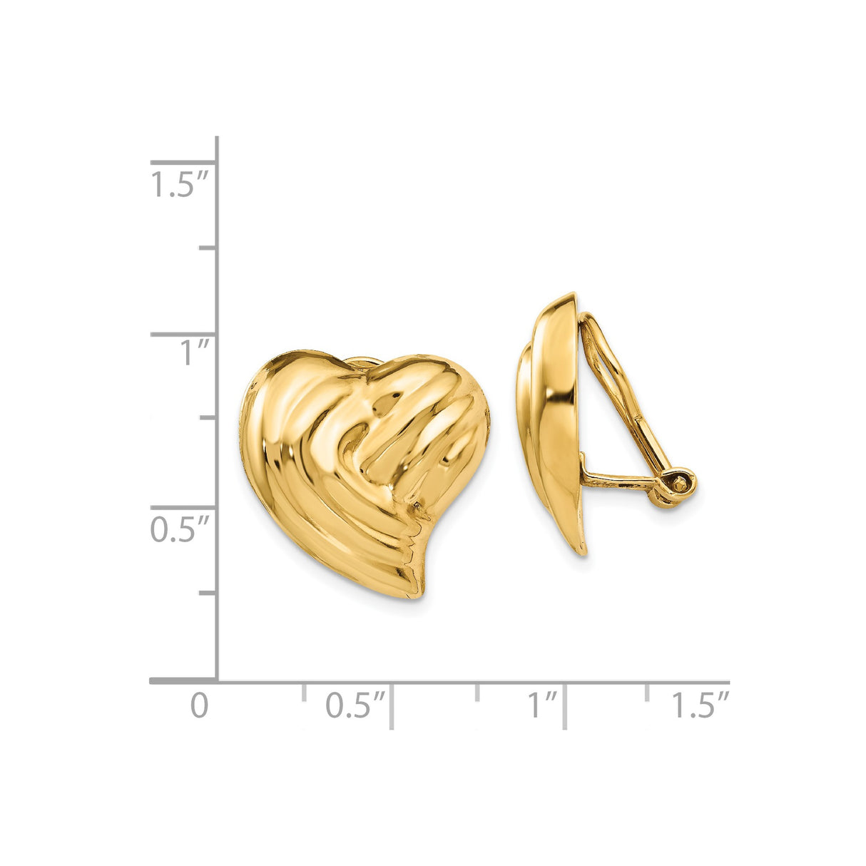 14k Yellow Gold Heart Clip-On Earrings, Sculpted Textured Vintage Style for Women