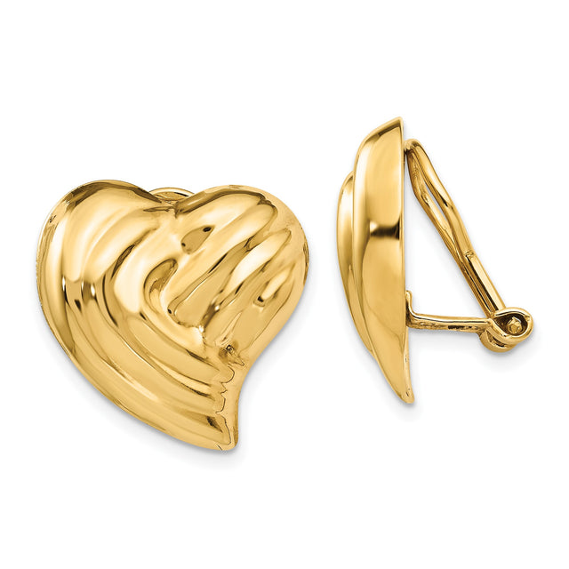 14k Yellow Gold Heart Clip-On Earrings, Sculpted Textured Vintage Style for Women