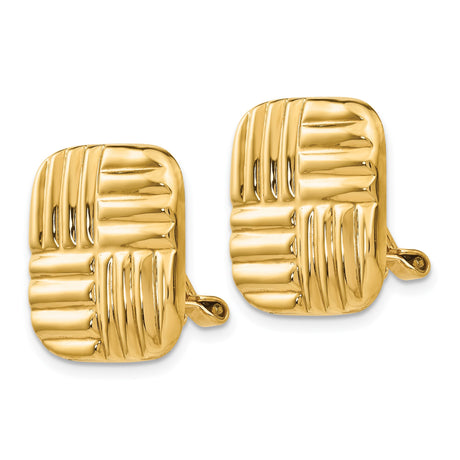 14K Yellow Gold Clip On Earrings Square Basket Weave