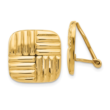 14k Yellow Gold Clip-On Earrings for Women with Square Textured Basket Weave Design, Bold Vintage Style Non Pierced Ear Clips, Fashion Forward Woven Look Gold Jewelry, Retro Statement Accessory